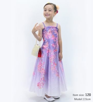 Kids Japan Fabric Long Dress with Cherry Blossom Print / Shantung / Light Purple / JWp001lpu