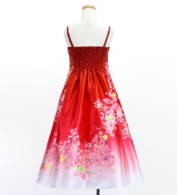Kids Japan Fabric Long Dress with Cherry Blossom Print / Shantung / Red / JWp001rd