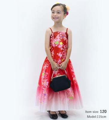 Kids Japan Fabric Long Dress with Cherry Blossom Print / Shantung / Red / JWp001rd