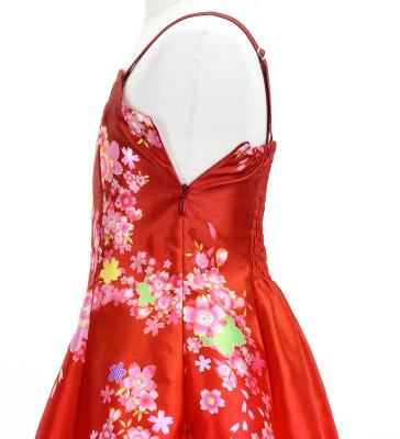 Kids Japan Fabric Long Dress with Cherry Blossom Print / Shantung / Red / JWp001rd