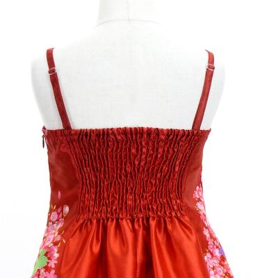 Kids Japan Fabric Long Dress with Cherry Blossom Print / Shantung / Red / JWp001rd