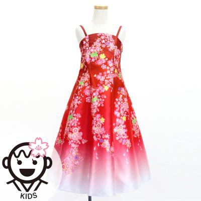 Kids Japan Fabric Long Dress with Cherry Blossom Print / Shantung / Red / JWp001rd