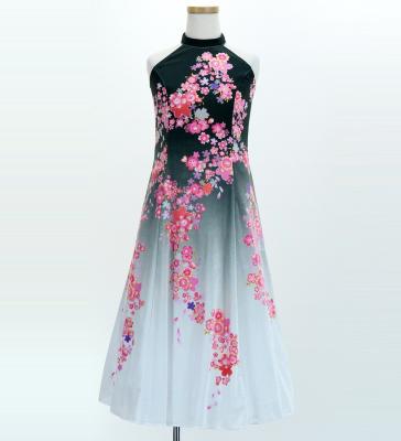 Kids Japan Fabric Long Dress with Cherry Blossom Print / Velvet / Black / JWp002bk