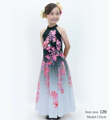 Kids Japan Fabric Long Dress with Cherry Blossom Print / Velvet / Black / JWp002bk