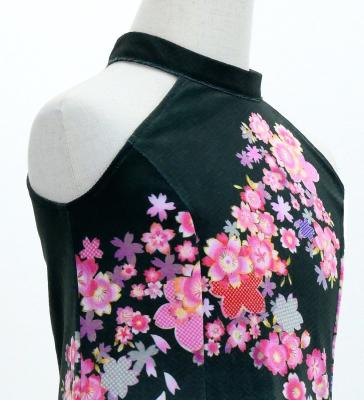 Kids Japan Fabric Long Dress with Cherry Blossom Print / Velvet / Black / JWp002bk