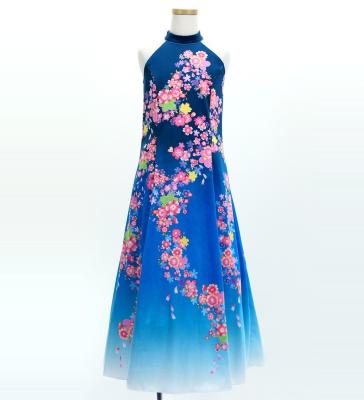 Kids Japan Fabric Long Dress with Cherry Blossom Print / Velvet / Blue / JWp002bl