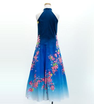 Kids Japan Fabric Long Dress with Cherry Blossom Print / Velvet / Blue / JWp002bl