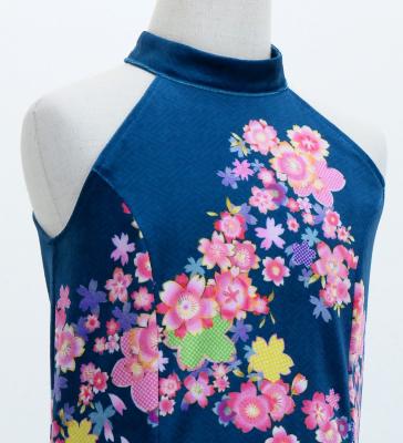 Kids Japan Fabric Long Dress with Cherry Blossom Print / Velvet / Blue / JWp002bl
