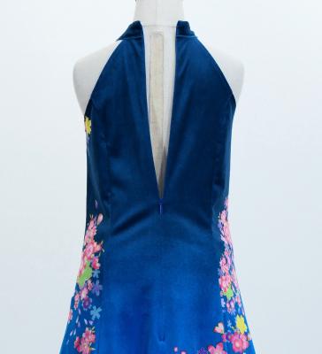 Kids Japan Fabric Long Dress with Cherry Blossom Print / Velvet / Blue / JWp002bl