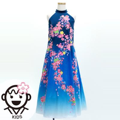 Kids Japan Fabric Long Dress with Cherry Blossom Print / Velvet / Blue / JWp002bl