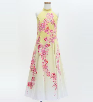 Kids Japan Fabric Long Dress with Cherry Blossom Print / Velvet / Cream Yellow / JWp002crye