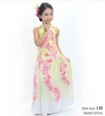 Kids Japan Fabric Long Dress with Cherry Blossom Print / Velvet / Cream Yellow / JWp002crye