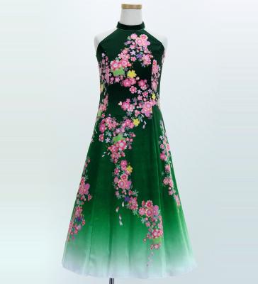 Kids Japan Fabric Long Dress with Cherry Blossom Print / Velvet / Green / JWp002gr