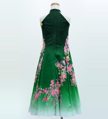 Kids Japan Fabric Long Dress with Cherry Blossom Print / Velvet / Green / JWp002gr