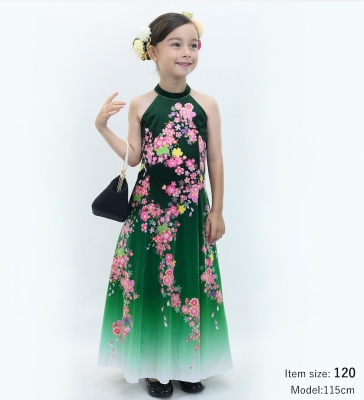 Kids Japan Fabric Long Dress with Cherry Blossom Print / Velvet / Green / JWp002gr