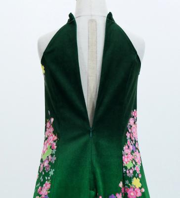 Kids Japan Fabric Long Dress with Cherry Blossom Print / Velvet / Green / JWp002gr