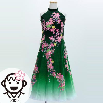 Kids Japan Fabric Long Dress with Cherry Blossom Print / Velvet / Green / JWp002gr