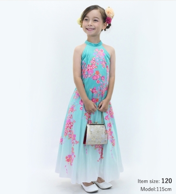 Kids Japan Fabric Long Dress with Cherry Blossom Print / Velvet / Light Blue / JWp002lbl