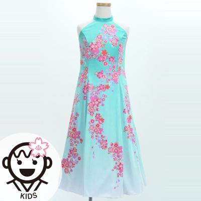 Kids Japan Fabric Long Dress with Cherry Blossom Print / Velvet / Light Blue / JWp002lbl