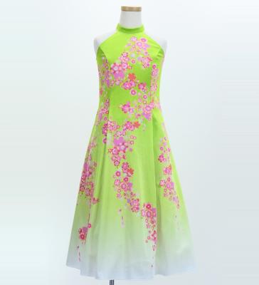 Kids Japan Fabric Long Dress with Cherry Blossom Print / Velvet / Light Green / JWp002lgr