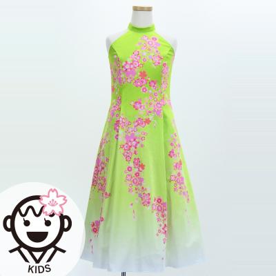 Kids Japan Fabric Long Dress with Cherry Blossom Print / Velvet / Light Green / JWp002lgr