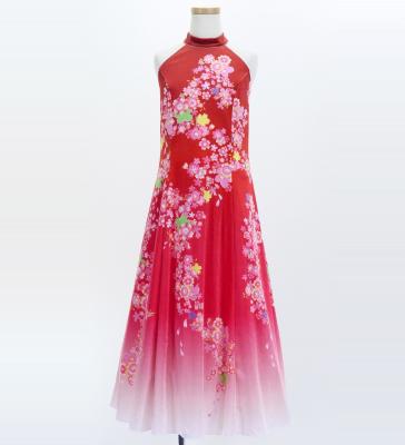 Kids Japan Fabric Long Dress with Cherry Blossom Print / Velvet / Red / JWp002rd