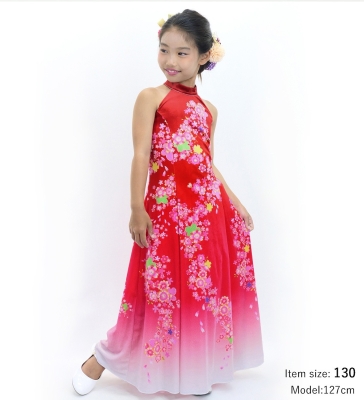 Kids Japan Fabric Long Dress with Cherry Blossom Print / Velvet / Red / JWp002rd