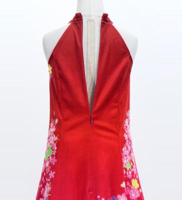 Kids Japan Fabric Long Dress with Cherry Blossom Print / Velvet / Red / JWp002rd