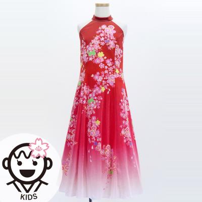 Kids Japan Fabric Long Dress with Cherry Blossom Print / Velvet / Red / JWp002rd