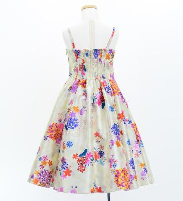 Kids Japan Fabric Long Dress with Chrysanthemum & Plum Blossom & Cherry Blossom Print / Shantung / Beigu / JWp003be