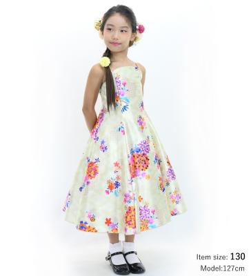 Kids Japan Fabric Long Dress with Chrysanthemum & Plum Blossom & Cherry Blossom Print / Shantung / Beigu / JWp003be