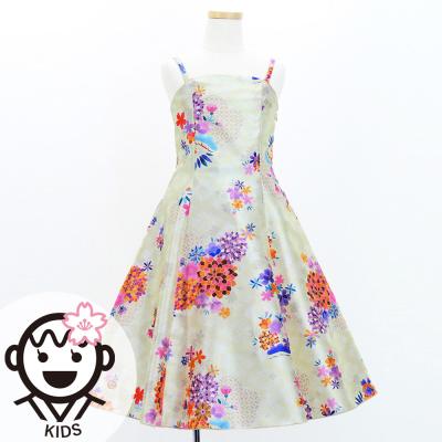 Kids Japan Fabric Long Dress with Chrysanthemum & Plum Blossom & Cherry Blossom Print / Shantung / Beigu / JWp003be