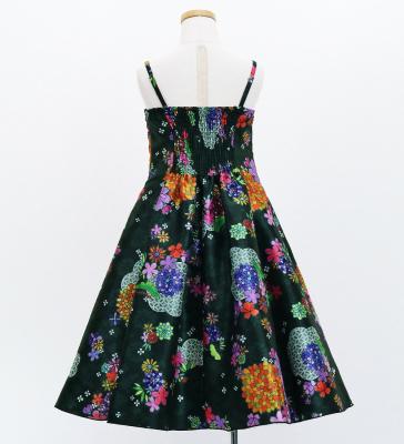 Kids Japan Fabric Long Dress with Chrysanthemum & Plum Blossom & Cherry Blossom Print / Shantung / Black / JWp003bk