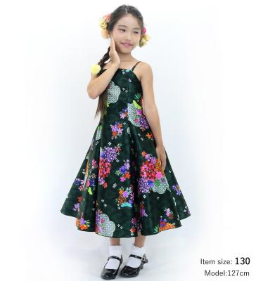 Kids Japan Fabric Long Dress with Chrysanthemum & Plum Blossom & Cherry Blossom Print / Shantung / Black / JWp003bk