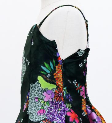 Kids Japan Fabric Long Dress with Chrysanthemum & Plum Blossom & Cherry Blossom Print / Shantung / Black / JWp003bk
