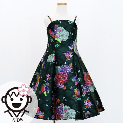 Kids Japan Fabric Long Dress with Chrysanthemum & Plum Blossom & Cherry Blossom Print / Shantung / Black / JWp003bk