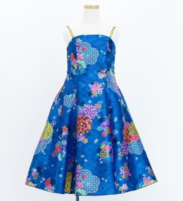 Kids Japan Fabric Long Dress with Chrysanthemum & Plum Blossom & Cherry Blossom Print / Shantung / Blue / JWp003bl