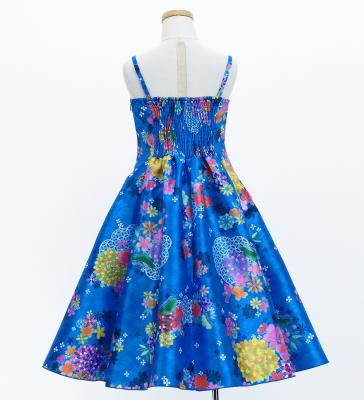 Kids Japan Fabric Long Dress with Chrysanthemum & Plum Blossom & Cherry Blossom Print / Shantung / Blue / JWp003bl