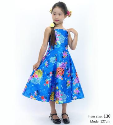 Kids Japan Fabric Long Dress with Chrysanthemum & Plum Blossom & Cherry Blossom Print / Shantung / Blue / JWp003bl