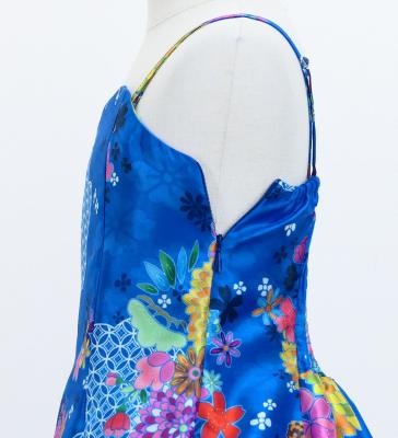 Kids Japan Fabric Long Dress with Chrysanthemum & Plum Blossom & Cherry Blossom Print / Shantung / Blue / JWp003bl