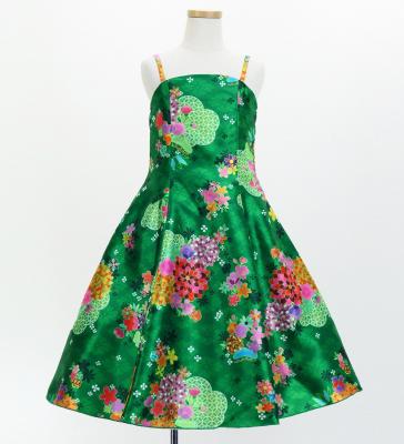 Kids Japan Fabric Long Dress with Chrysanthemum & Plum Blossom & Cherry Blossom Print / Shantung / Green / JWp003gr