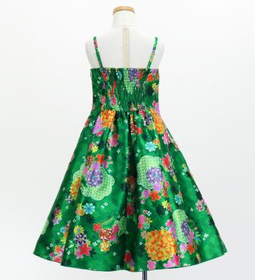 Kids Japan Fabric Long Dress with Chrysanthemum & Plum Blossom & Cherry Blossom Print / Shantung / Green / JWp003gr