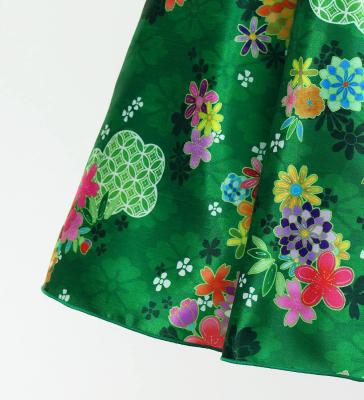 Kids Japan Fabric Long Dress with Chrysanthemum & Plum Blossom & Cherry Blossom Print / Shantung / Green / JWp003gr