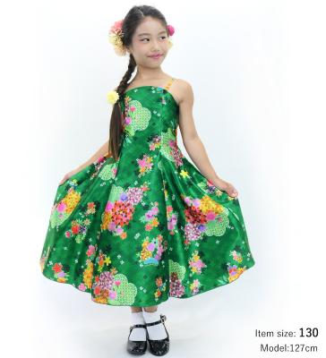 Kids Japan Fabric Long Dress with Chrysanthemum & Plum Blossom & Cherry Blossom Print / Shantung / Green / JWp003gr