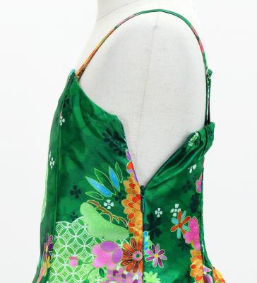 Kids Japan Fabric Long Dress with Chrysanthemum & Plum Blossom & Cherry Blossom Print / Shantung / Green / JWp003gr