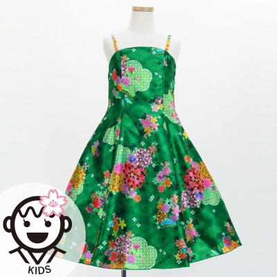 Kids Japan Fabric Long Dress with Chrysanthemum & Plum Blossom & Cherry Blossom Print / Shantung / Green / JWp003gr