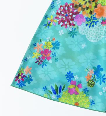 Kids Japan Fabric Long Dress with Chrysanthemum & Plum Blossom & Cherry Blossom Print / Shantung / Light Blue / JWp003lbl