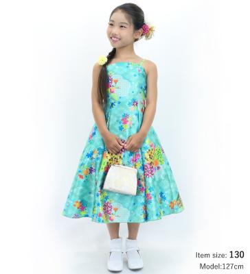 Kids Japan Fabric Long Dress with Chrysanthemum & Plum Blossom & Cherry Blossom Print / Shantung / Light Blue / JWp003lbl