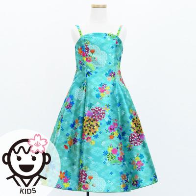 Kids Japan Fabric Long Dress with Chrysanthemum & Plum Blossom & Cherry Blossom Print / Shantung / Light Blue / JWp003lbl