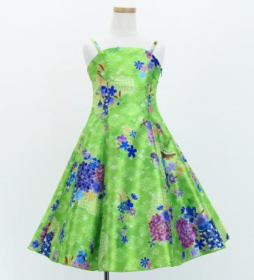 Kids Japan Fabric Long Dress with Chrysanthemum & Plum Blossom & Cherry Blossom Print / Shantung / Light Green / JWp003lgr